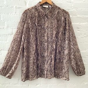 Vintage 90s Womens Brown Snakeskin Print Semi Sheer Fringe Button Up Blouse
